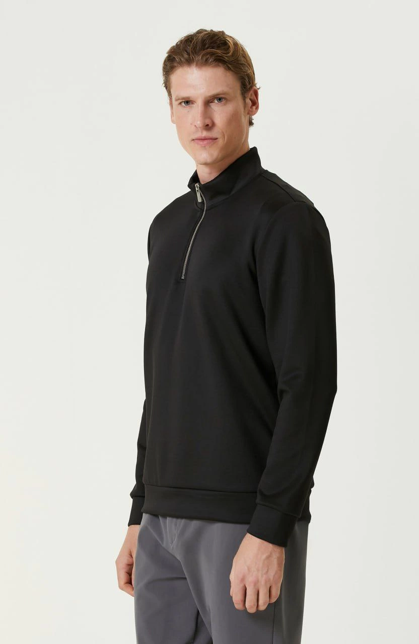Erkek 3 iplik Pamuklu Uzun Kol Yarım Farmuarlı Yakalı SweatShirt - Siyah