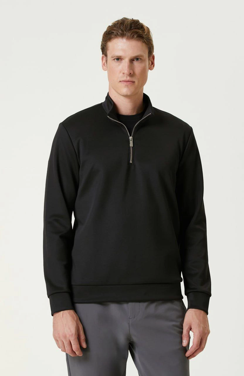 Erkek 3 iplik Pamuklu Uzun Kol Yarım Farmuarlı Yakalı SweatShirt - Siyah