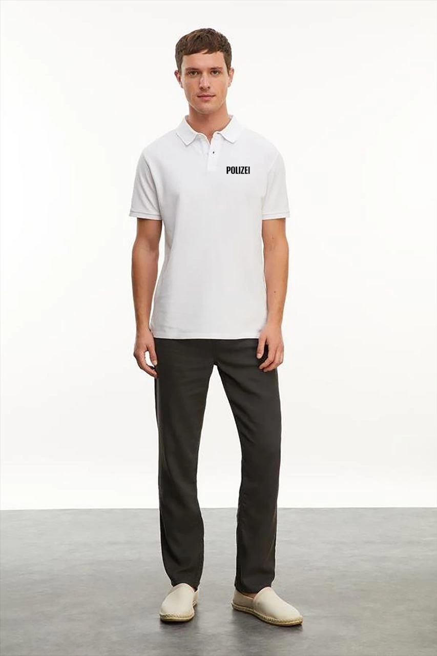 Erkek Yakası Düğmeli Yakalı Pike Baskılı T-Shirt - Beyaz