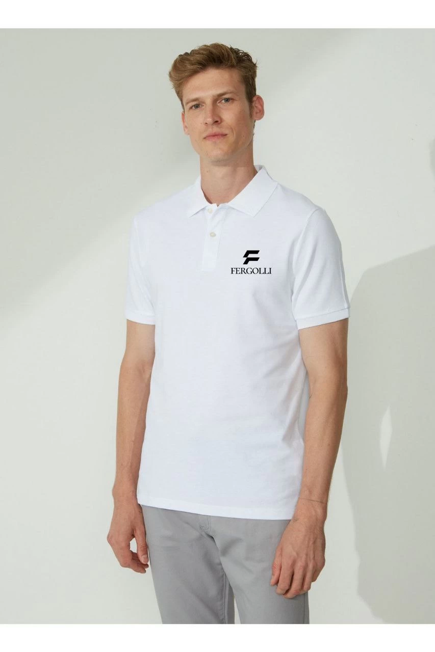 Erkek Pike Yakalı Tişort Düğmeli  Baskılı T-Shirt  - Beyaz