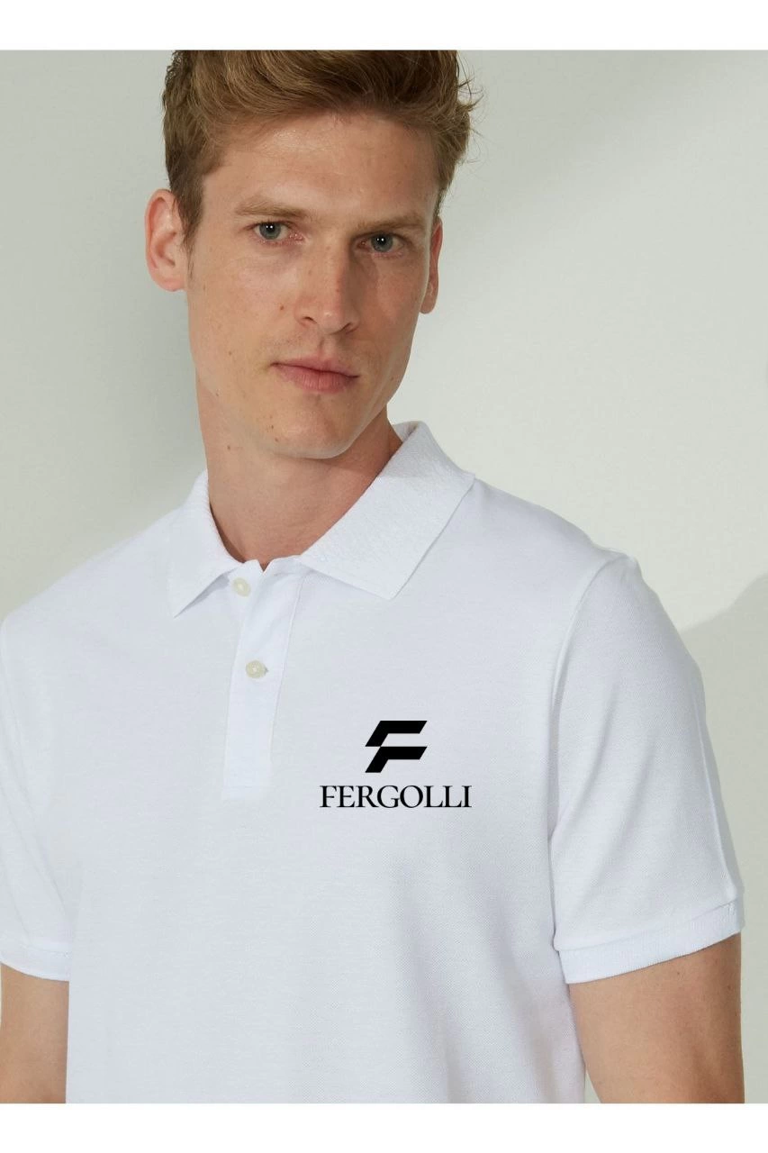 Erkek Pike Yakalı Tişort Düğmeli  Baskılı T-Shirt  - Beyaz