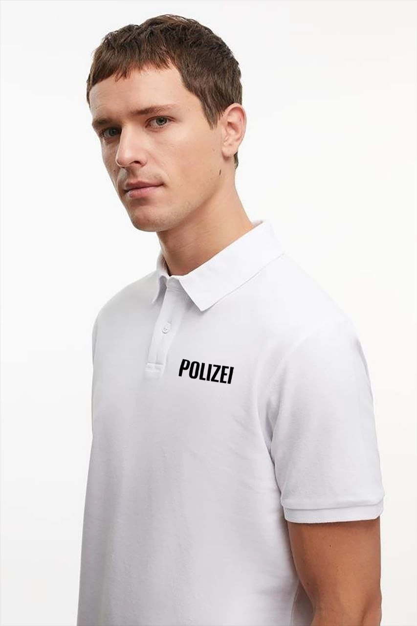 Erkek Yakası Düğmeli Yakalı Pike Baskılı T-Shirt - Beyaz