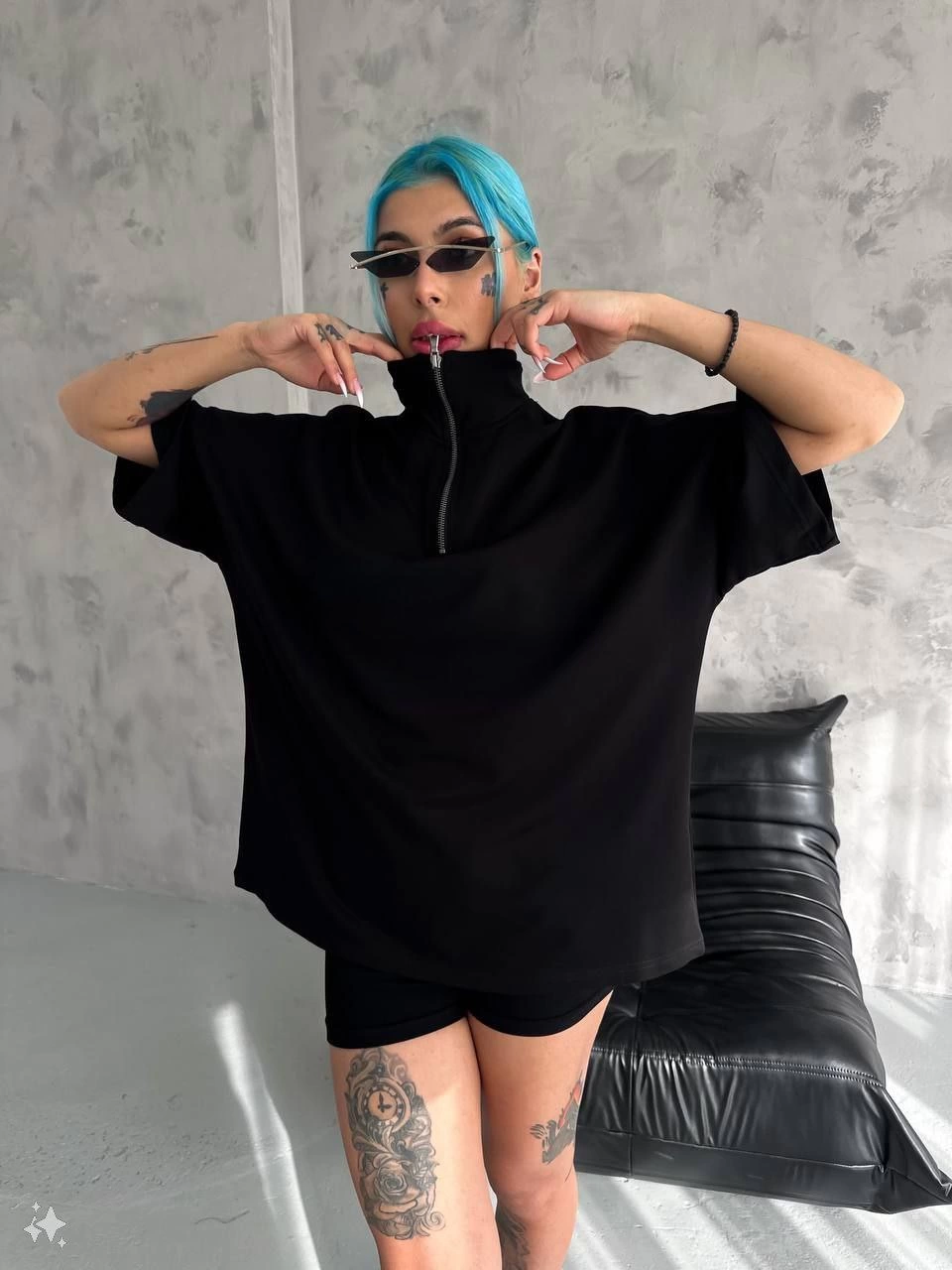 Kadın Yarım Fermuarlı  Kısa kol  T-Shirt - Siyah