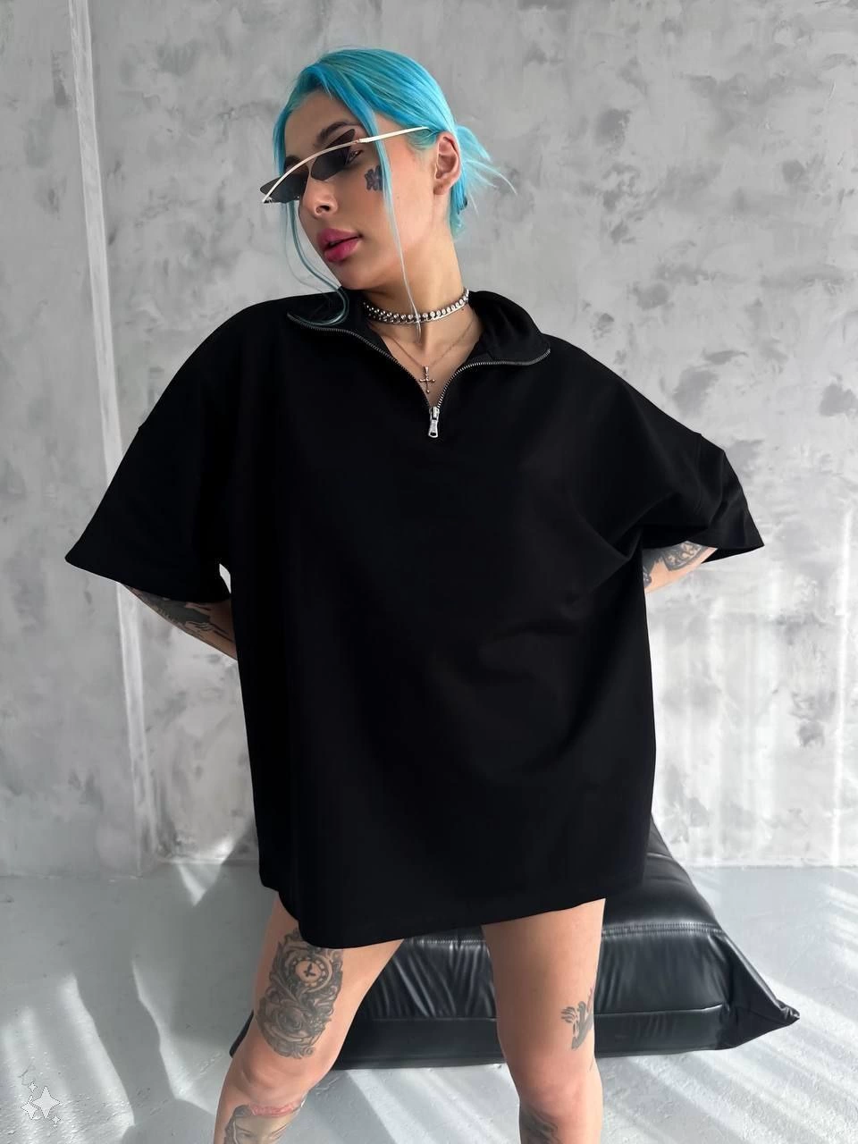 Kadın Yarım Fermuarlı  Kısa kol  T-Shirt - Siyah