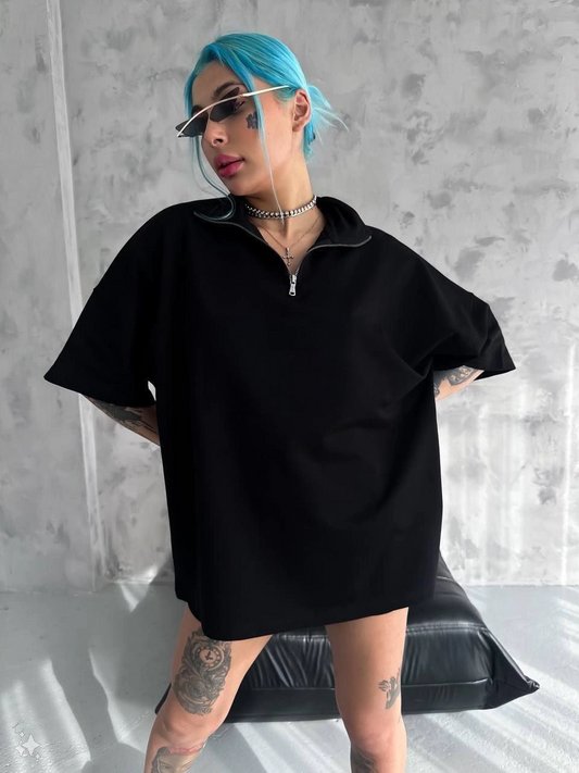 Kadın Yarım Fermuarlı  Kısa kol  T-Shirt - Siyah