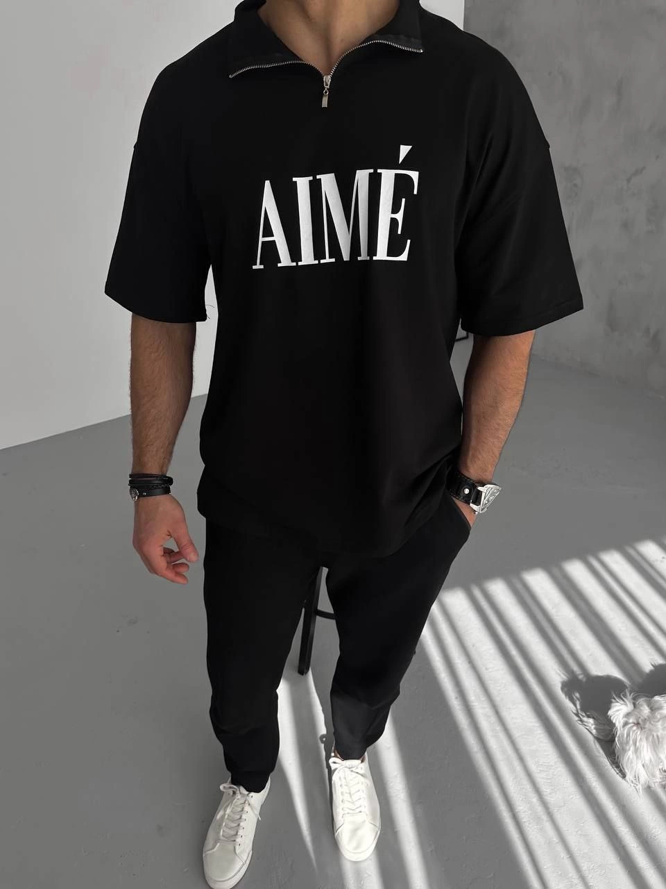 ERKEK Yarım Fermuarlı  Kısa kol Baskılı T-Shirt - Siyah
