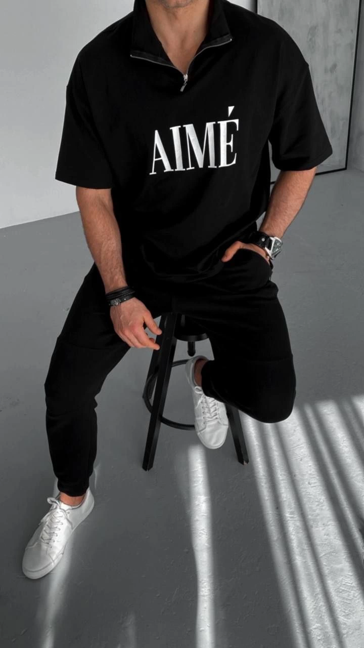 ERKEK Yarım Fermuarlı  Kısa kol Baskılı T-Shirt - Siyah