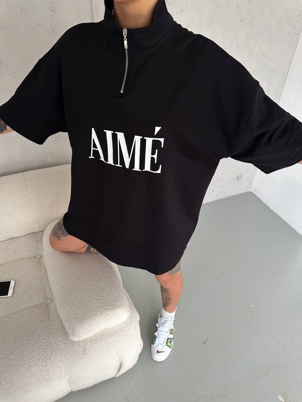 Kadın Yarım Fermuarlı Baskılı T-Shirt - Siyah