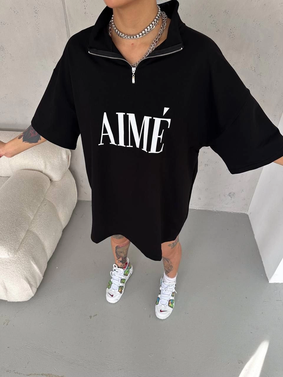 Kadın Yarım Fermuarlı Baskılı T-Shirt - Siyah