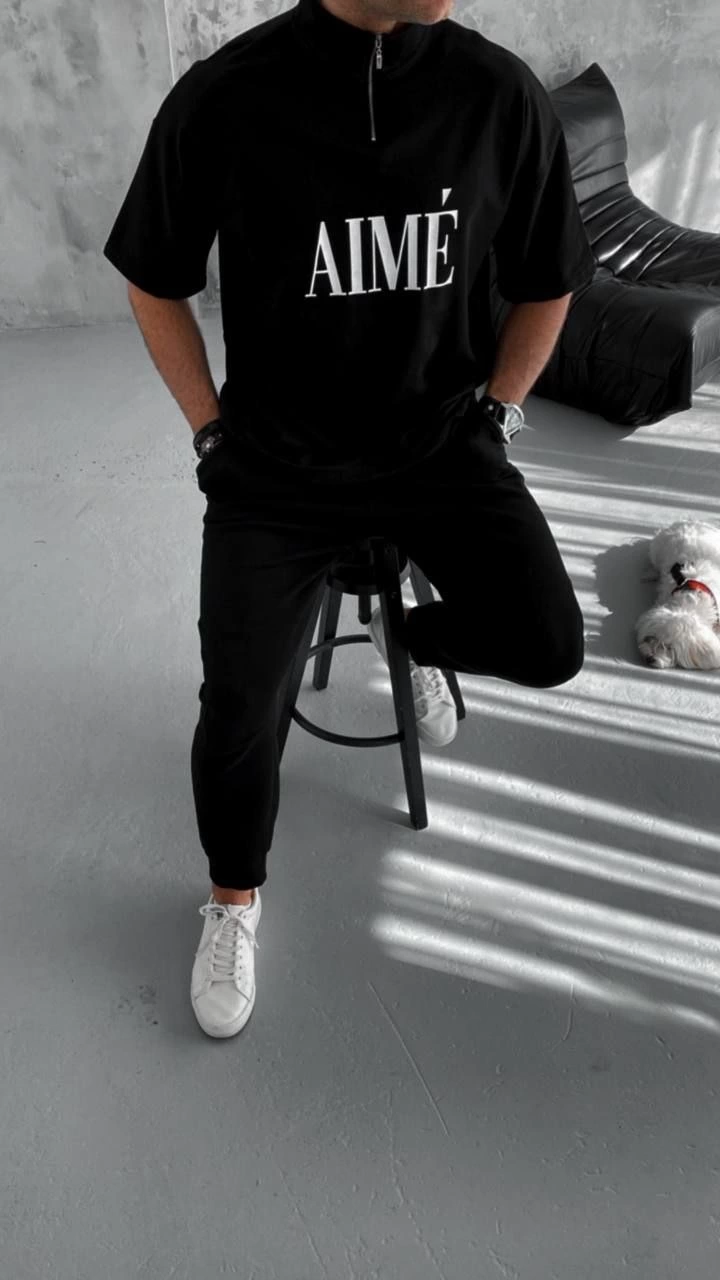 ERKEK Yarım Fermuarlı  Kısa kol Baskılı T-Shirt - Siyah