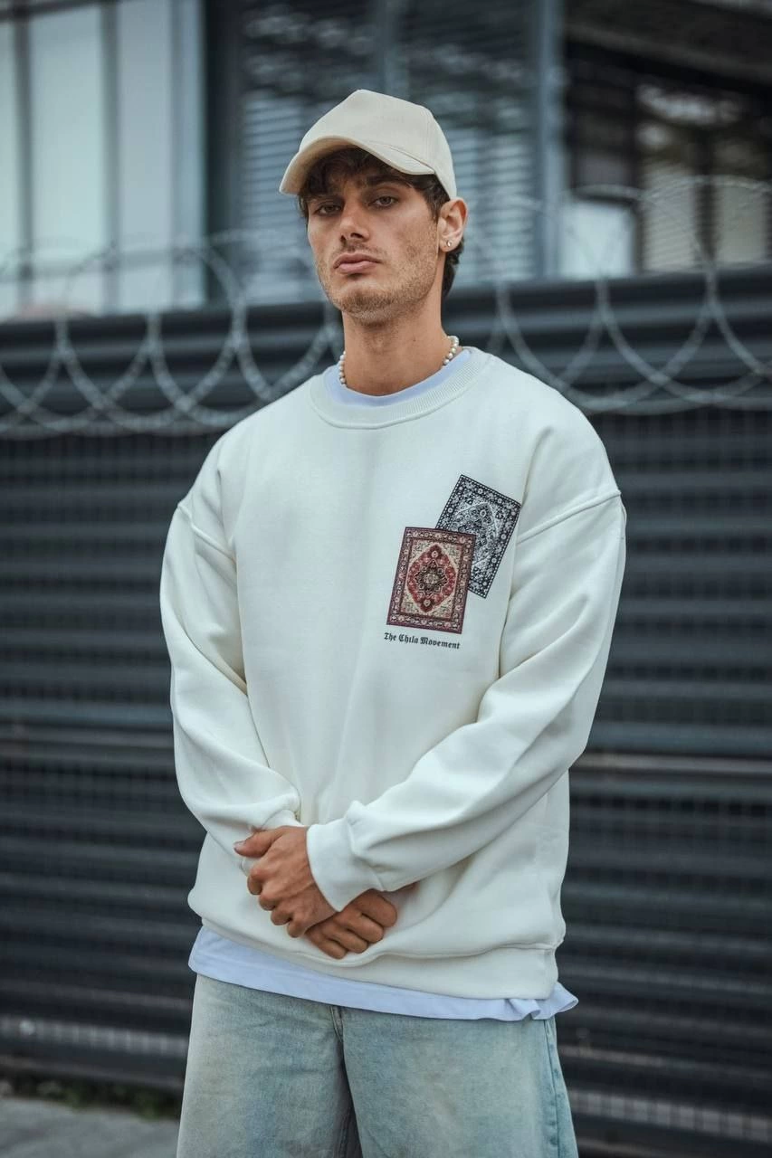 Erkek üç iplik pamuklu Bisiklet Yaka Baskılı SweatShirt - Beyaz