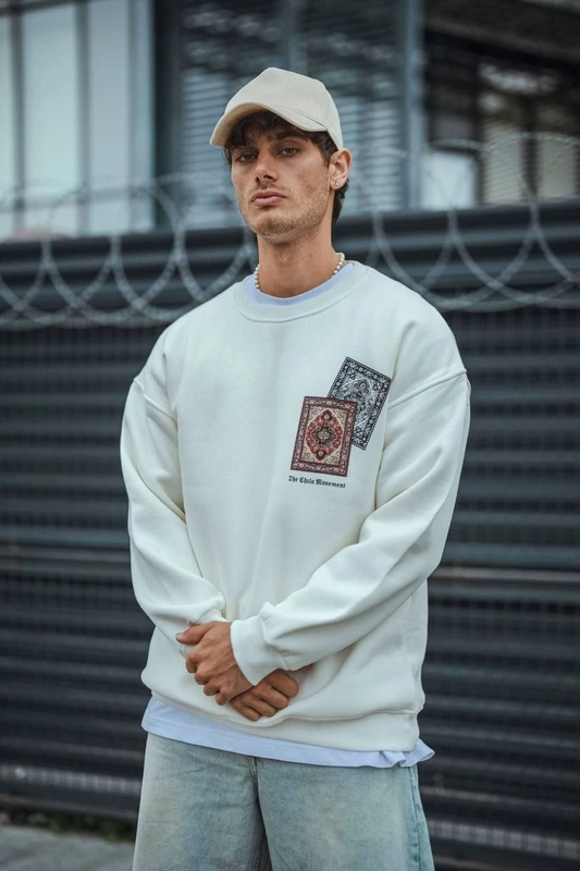 Erkek üç iplik pamuklu Bisiklet Yaka Baskılı SweatShirt - Beyaz