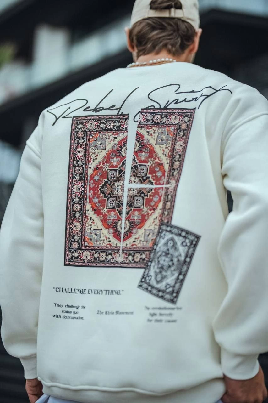 Erkek üç iplik pamuklu Bisiklet Yaka Baskılı SweatShirt - Beyaz