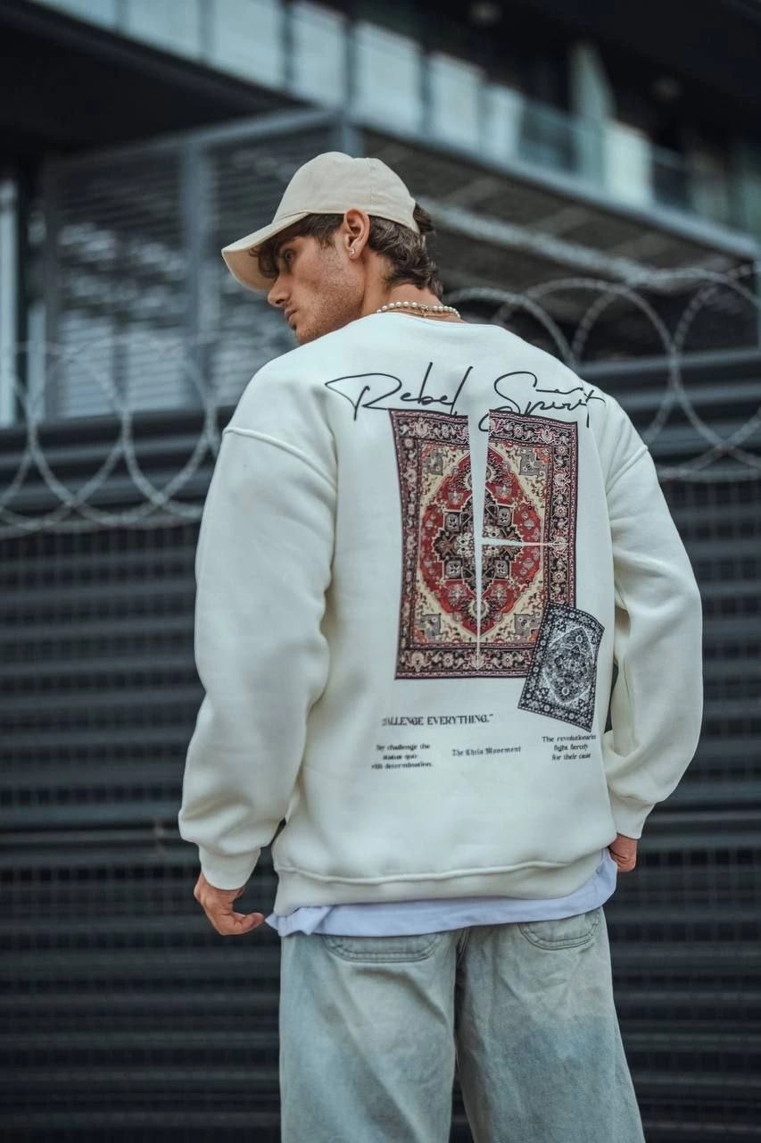 Erkek üç iplik pamuklu Bisiklet Yaka Baskılı SweatShirt - Beyaz