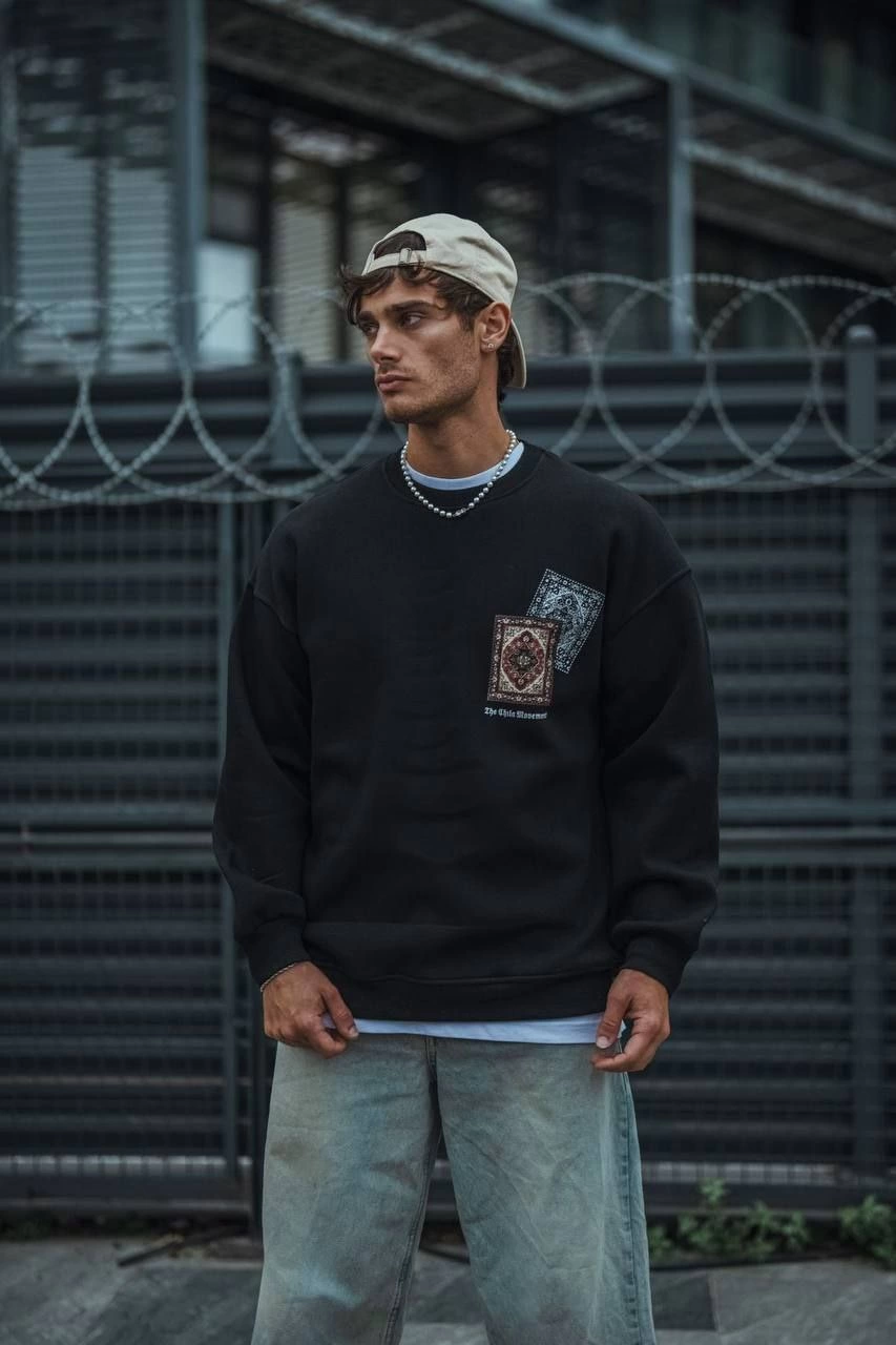 Erkek Üç iplik Pamuklu Bisiklet Yaka Baskılı SweatShirt - Siyah