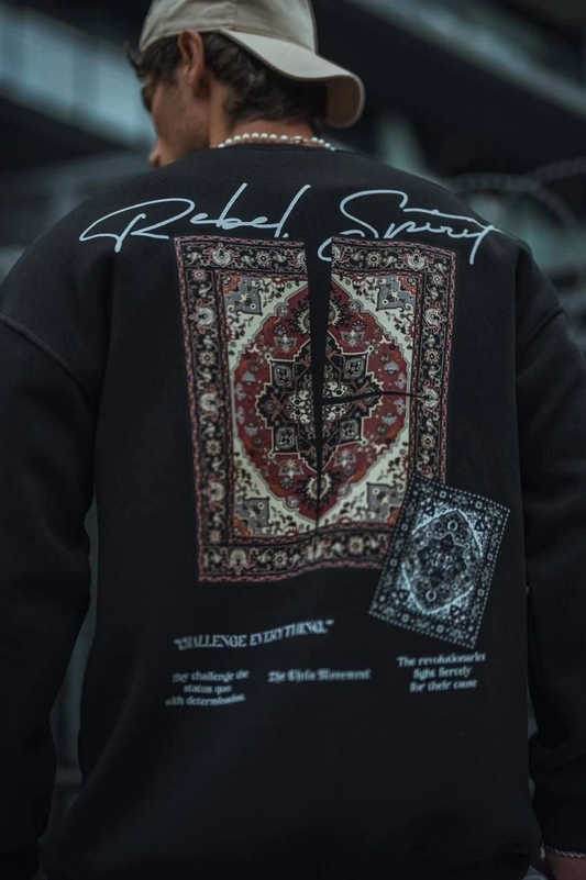 Erkek Üç iplik Pamuklu Bisiklet Yaka Baskılı SweatShirt - Siyah