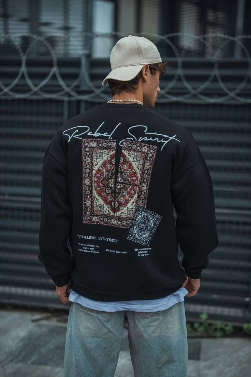 Erkek Üç iplik Pamuklu Bisiklet Yaka Baskılı SweatShirt - Siyah