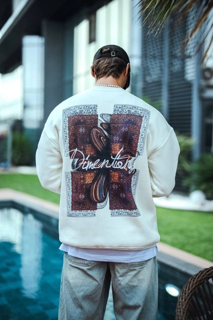 Erkek üç iplik pamuklu Bisiklet Yaka Ön ve Arka Baskılı SweatShirt - Beyaz