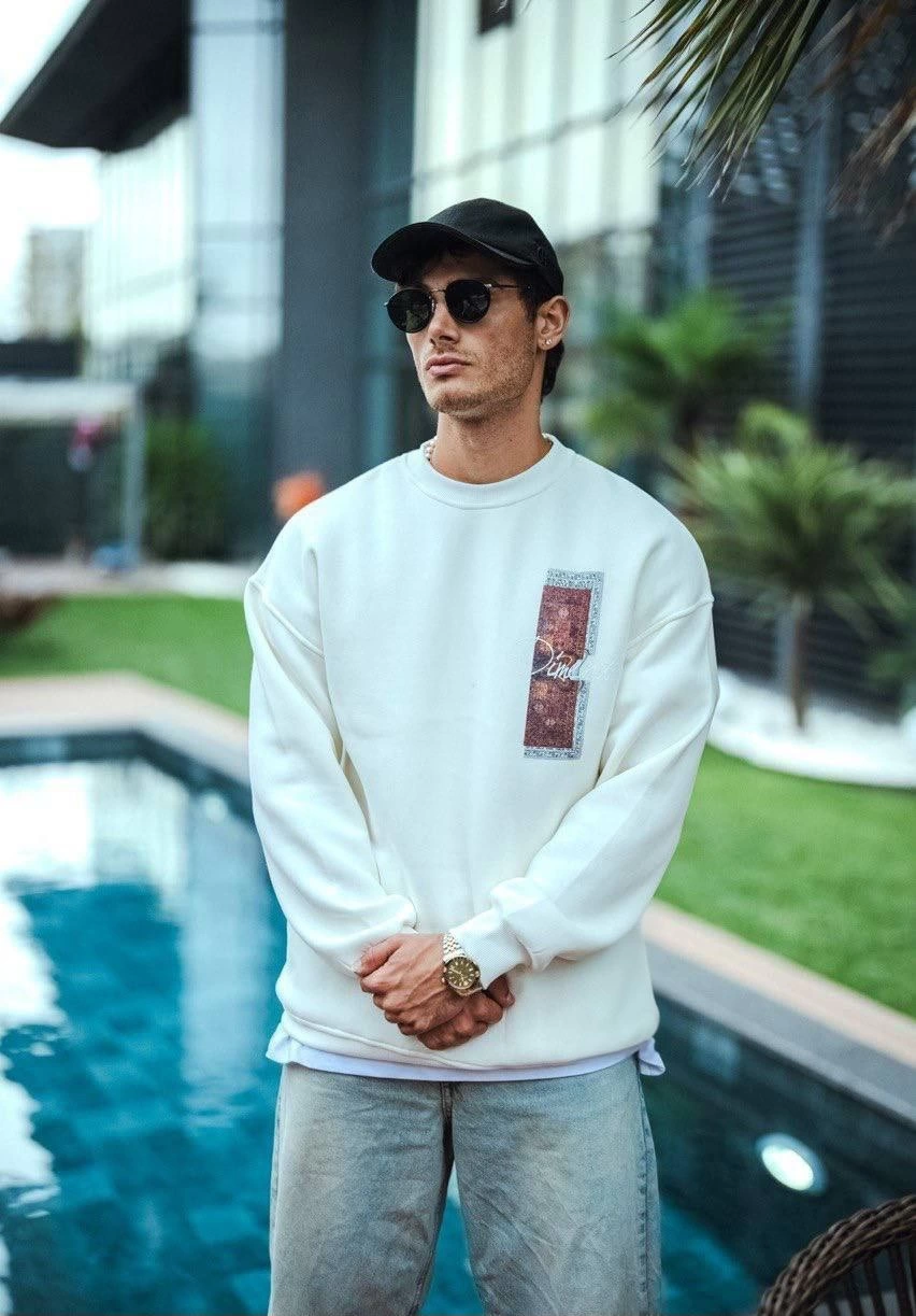 Erkek üç iplik pamuklu Bisiklet Yaka Ön ve Arka Baskılı SweatShirt - Beyaz