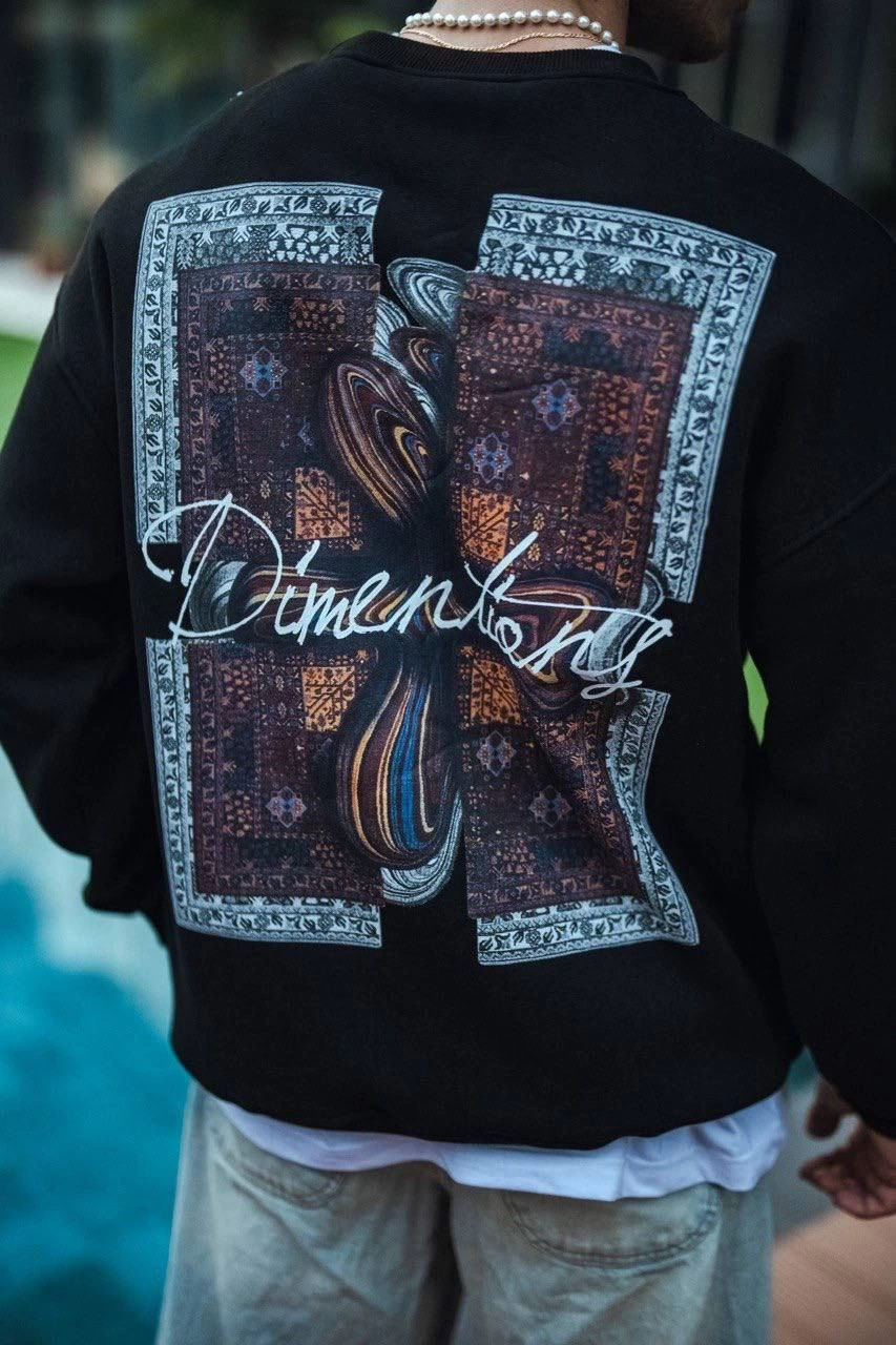 Erkek üç iplik pamuklu Bisiklet Yaka Ön ve Arka Baskılı SweatShirt - Siyah