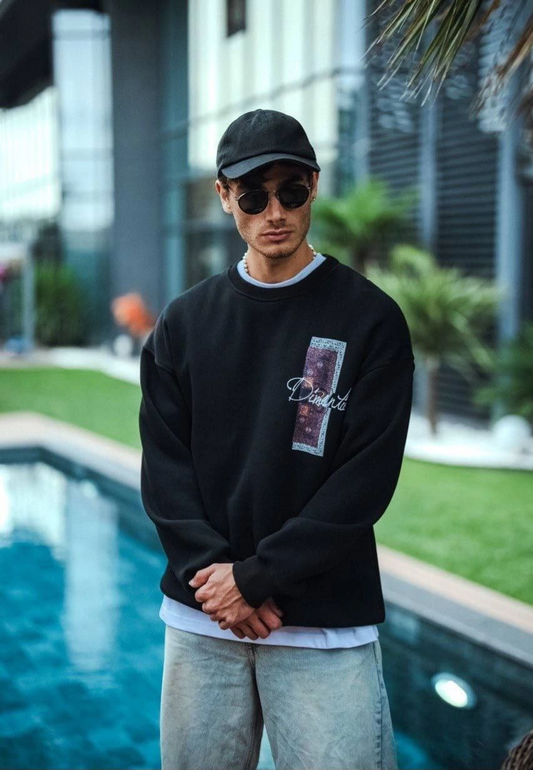 Erkek üç iplik pamuklu Bisiklet Yaka Ön ve Arka Baskılı SweatShirt - Siyah