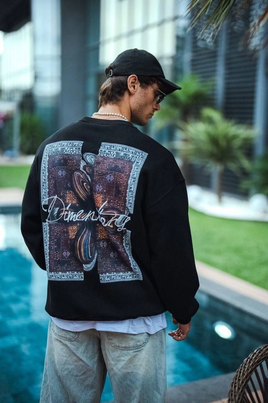 Erkek üç iplik pamuklu Bisiklet Yaka Ön ve Arka Baskılı SweatShirt - Siyah