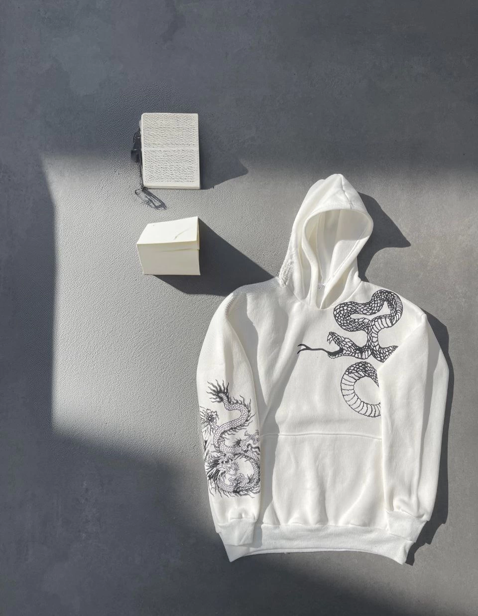 Erkek üç iplik pamuklu Kapüşonlu Baskılı SweatShirt - Beyaz