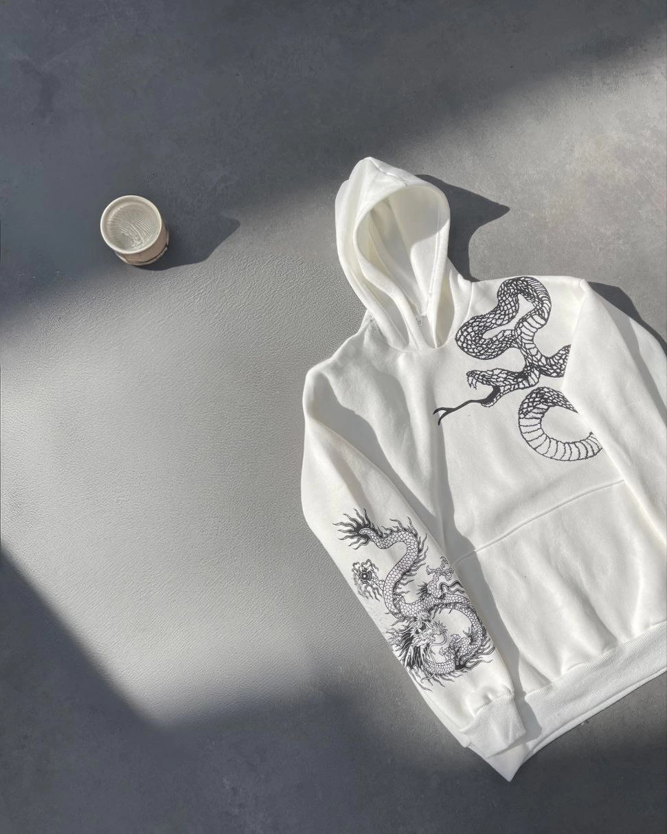 Kadın üç iplik  Kapüşonlu Baskılı SweatShirt - Beyaz