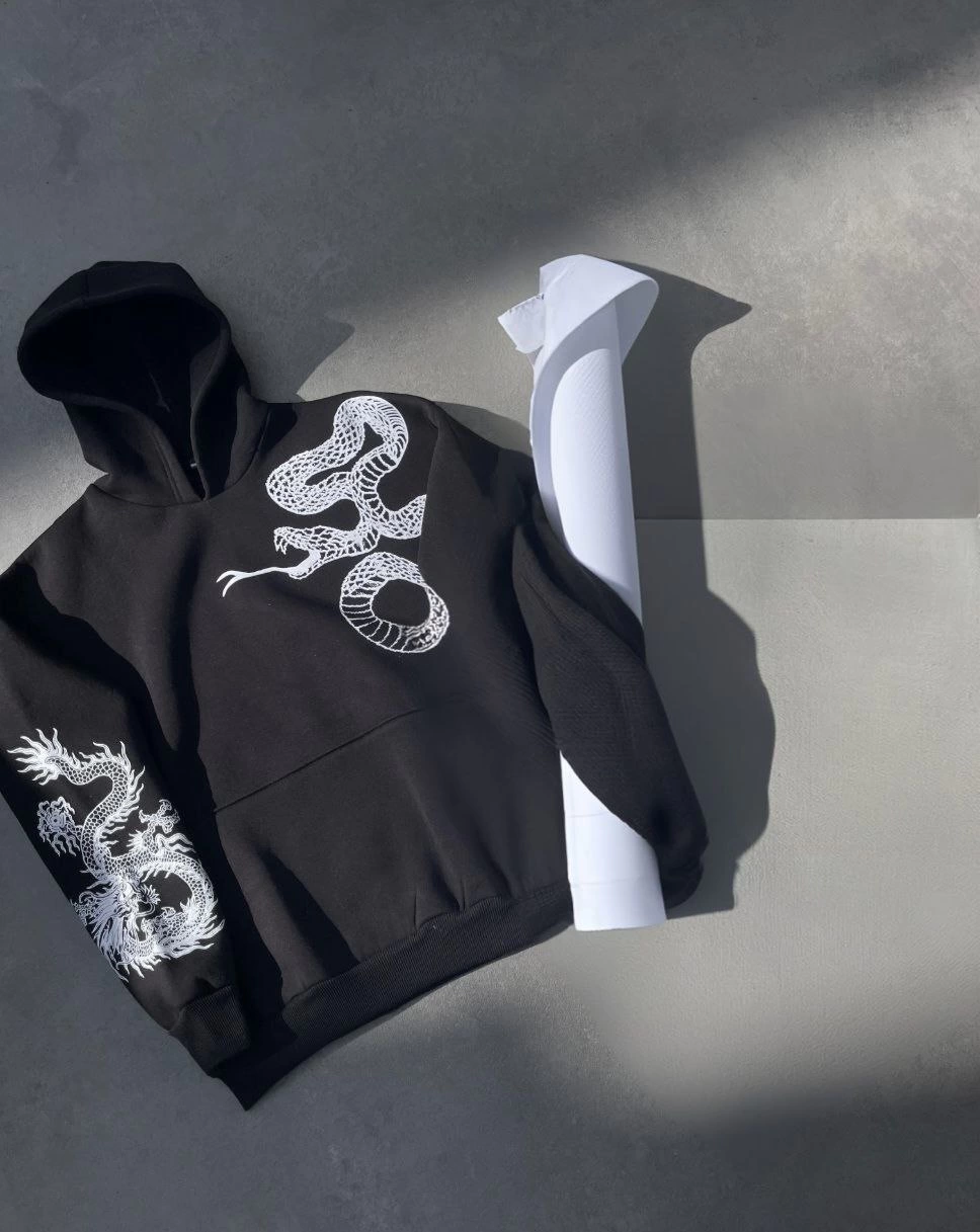 Erkek üç iplik pamuklu Kapüşonlu Baskılı SweatShirt - Siyah