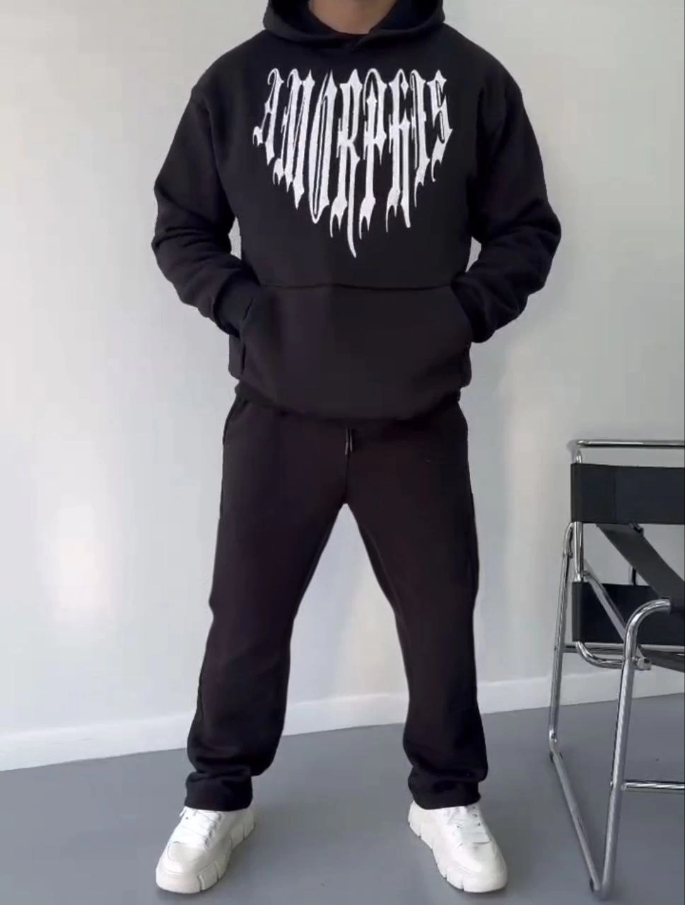 Erkek üç iplik pamuklu Kapüşonlu Baskılı SweatShirt - Siyah