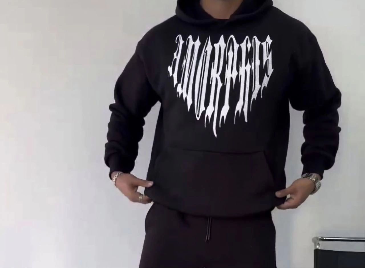 Erkek üç iplik pamuklu Kapüşonlu Baskılı SweatShirt - Siyah