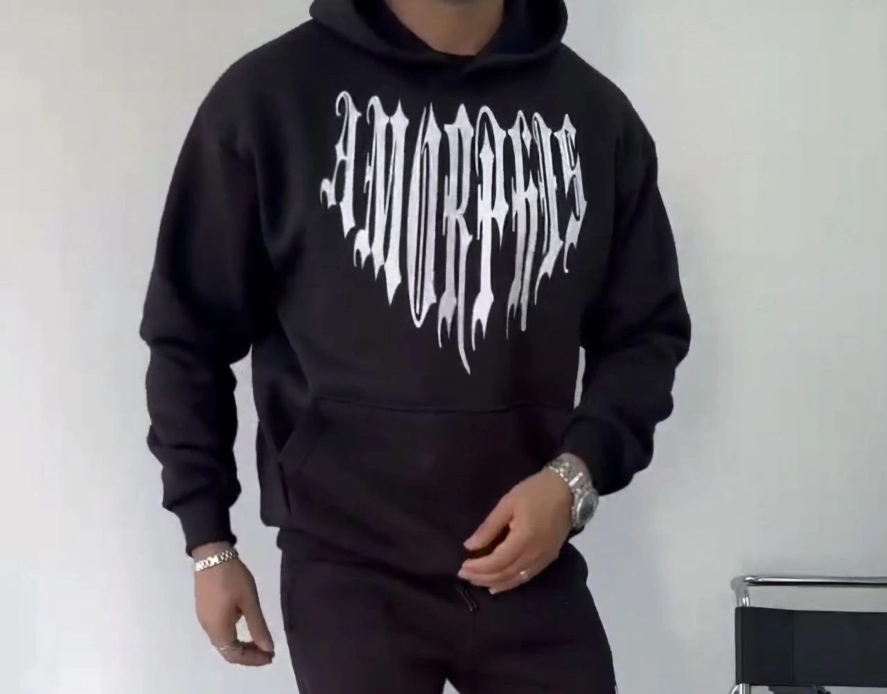 Erkek üç iplik pamuklu Kapüşonlu Baskılı SweatShirt - Siyah