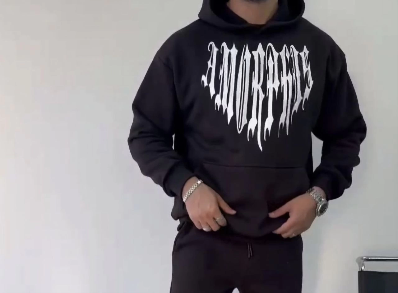 Erkek üç iplik pamuklu Kapüşonlu Baskılı SweatShirt - Siyah
