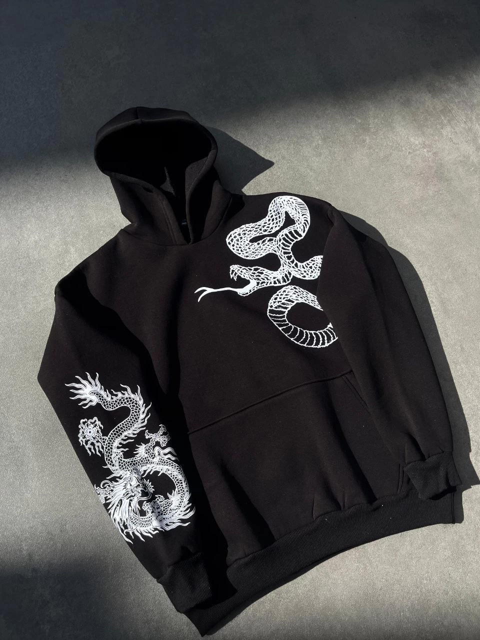 Erkek üç iplik pamuklu Kapüşonlu Baskılı SweatShirt - Siyah