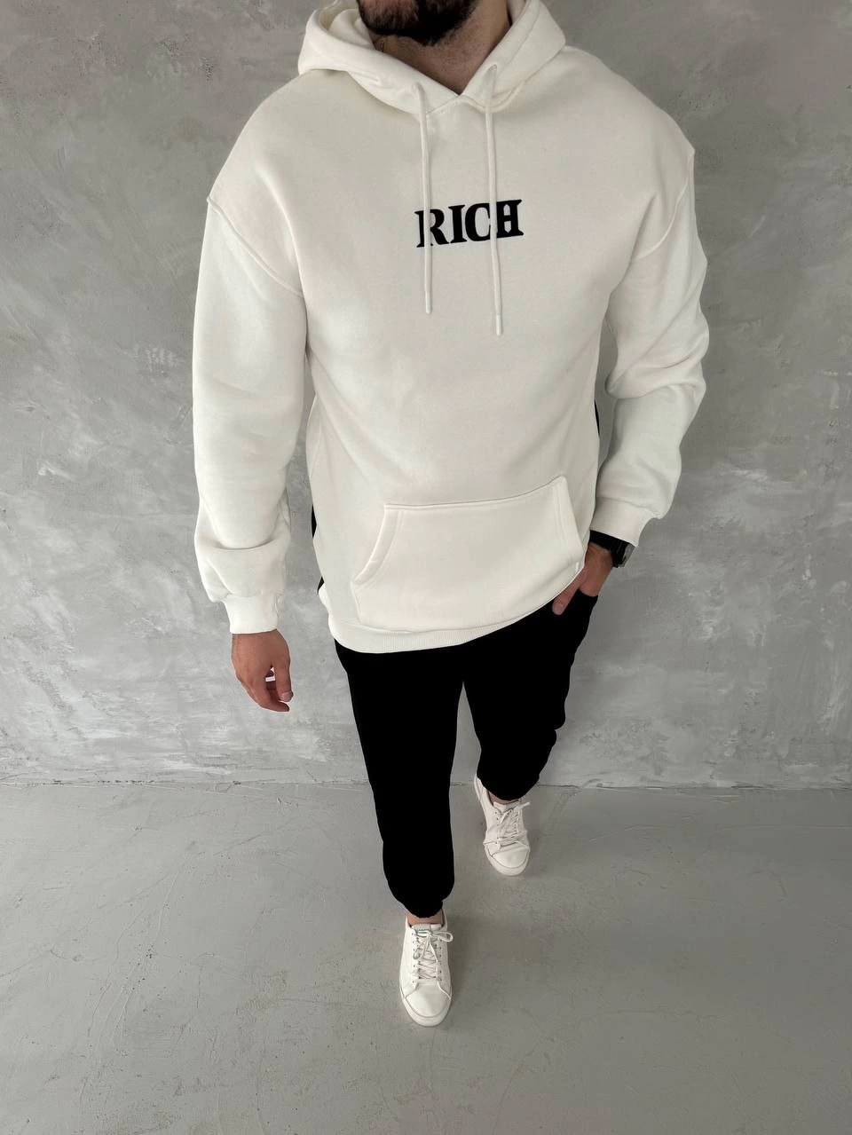 Erkek üç iplik pamuklu  Kapüşonlu Göğüs Baskılı SweatShirt - Beyaz