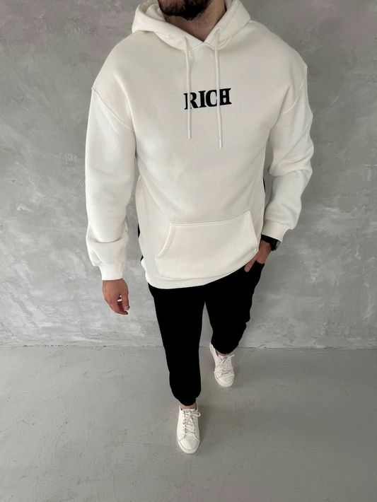 Erkek üç iplik pamuklu  Kapüşonlu Göğüs Baskılı SweatShirt - Beyaz