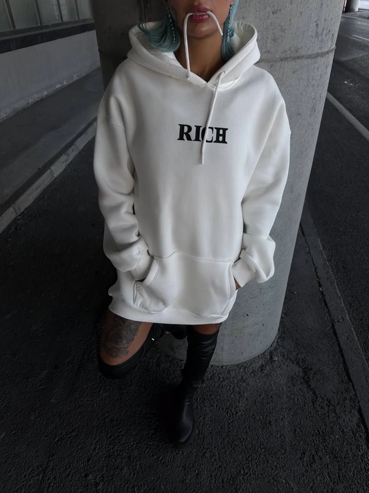 Kadın üç iplik Kapüşonlu Göğüs Baskılı SweatShirt - Beyaz