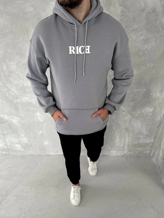 Erkek 3 İplik Pamuklu Kapüşonlu Kanguru Cepli Baskılı Oversize Hoodie Sweatshirt - Gri