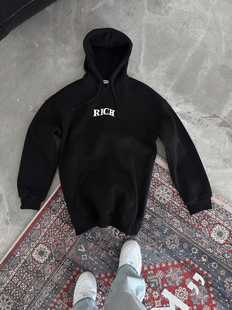 Erkek üç iplik pamuklu  Kapüşonlu Göğüs Baskılı SweatShirt - Siyah
