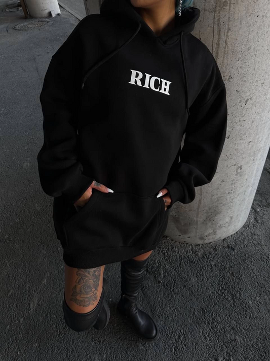 Kadın üç iplik  Kapüşonlu Göğüs Baskılı SweatShirt - Siyah