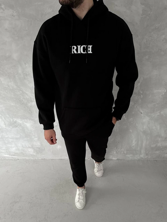 Erkek üç iplik pamuklu  Kapüşonlu Göğüs Baskılı SweatShirt - Siyah