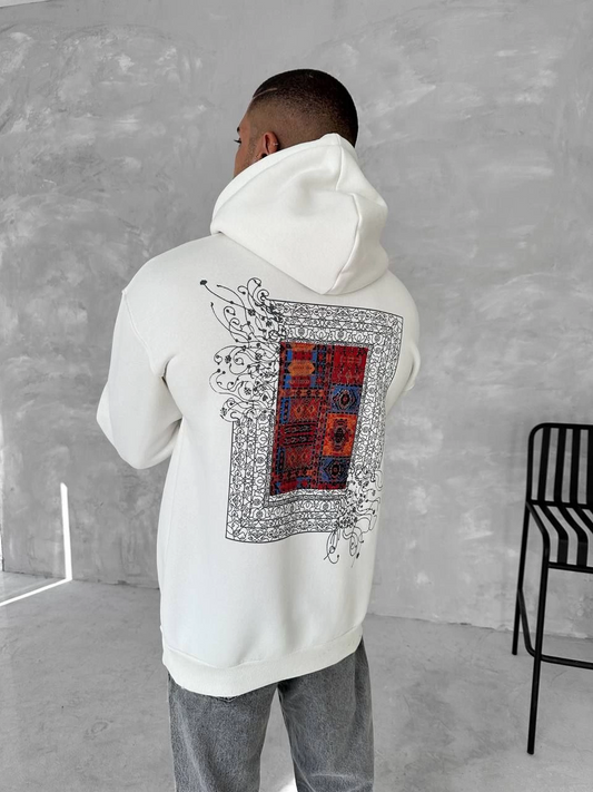Erkek üç iplik pamuklu Kapüşonlu Ön Ve Arka Baskılı SweatShirt - Beyaz
