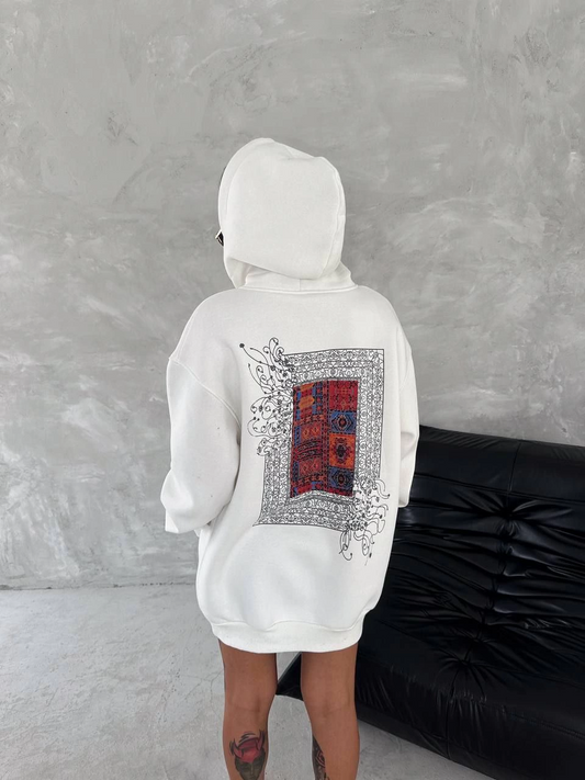 Kadın üç iplik Kapüşonlu Ön Ve Arka Baskılı SweatShirt - Beyaz