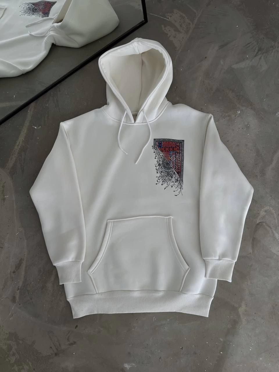 Erkek üç iplik pamuklu Kapüşonlu Ön Ve Arka Baskılı SweatShirt - Beyaz