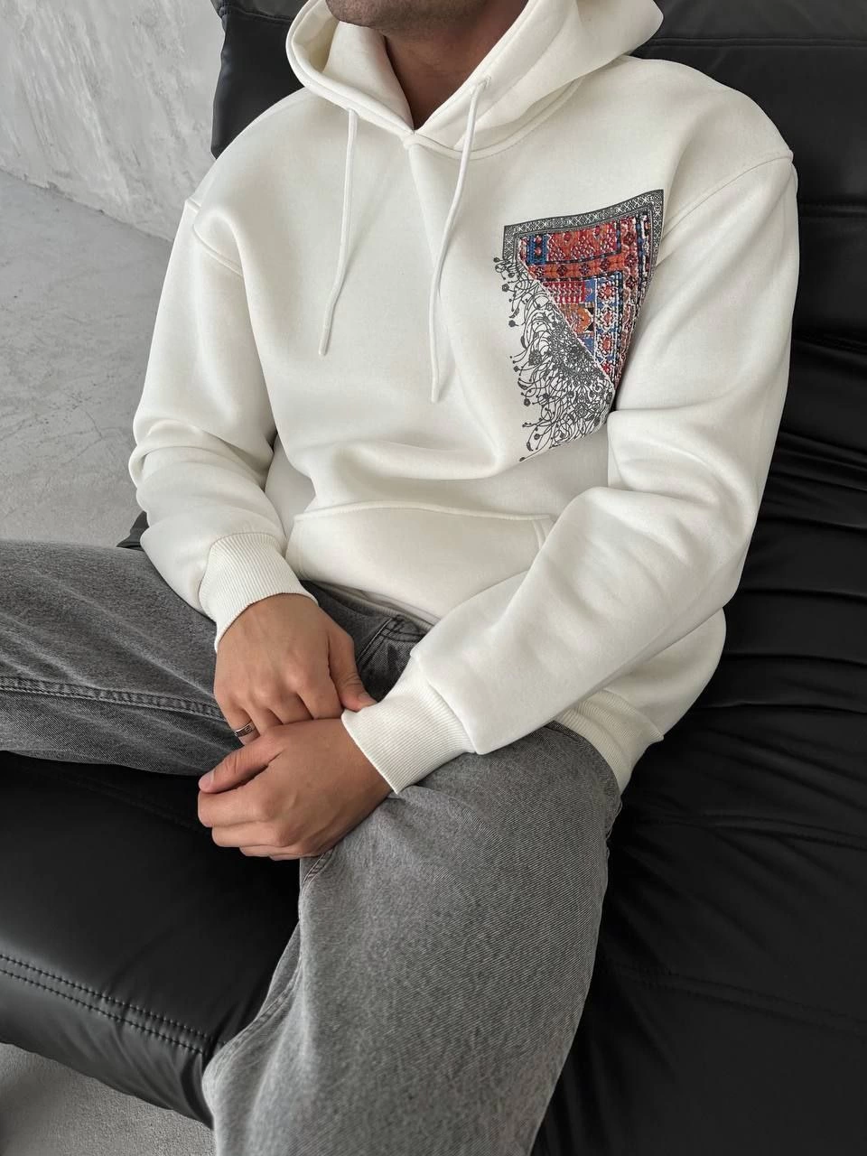 Erkek üç iplik pamuklu Kapüşonlu Ön Ve Arka Baskılı SweatShirt - Beyaz