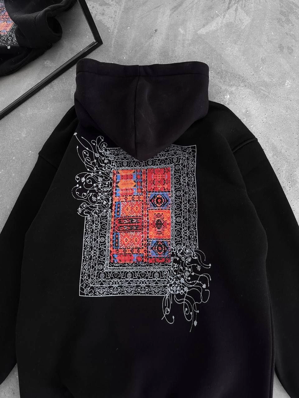 Erkek üç iplik pamuklu Kapüşonlu Ön Ve Arka Baskılı SweatShirt - Siyah