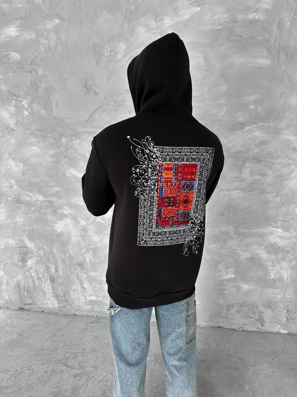 Erkek üç iplik pamuklu Kapüşonlu Ön Ve Arka Baskılı SweatShirt - Siyah