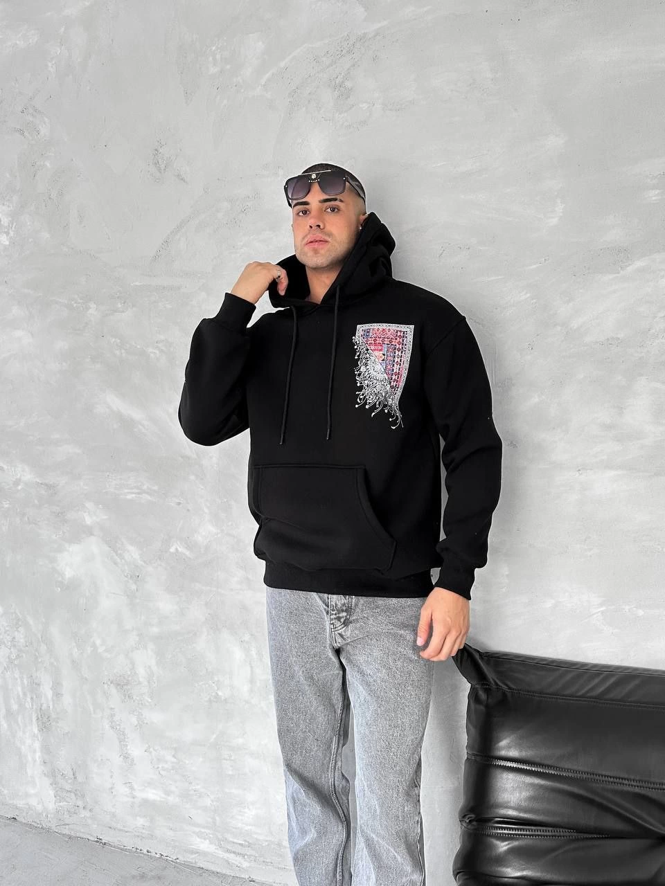 Erkek üç iplik pamuklu Kapüşonlu Ön Ve Arka Baskılı SweatShirt - Siyah