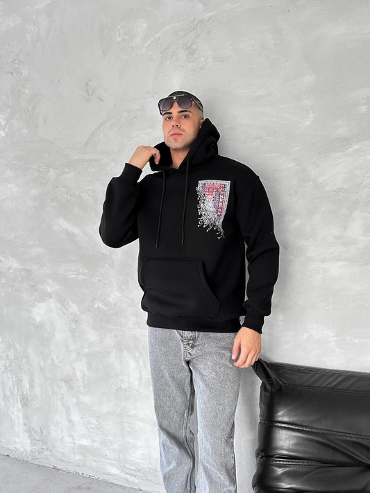 Erkek üç iplik pamuklu Kapüşonlu Ön Ve Arka Baskılı SweatShirt - Siyah