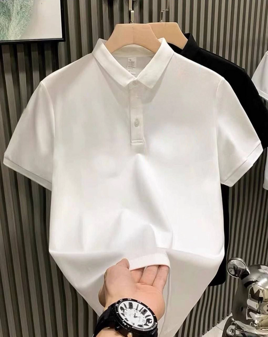 Erkek Yakası  Tişort Düğmeli Pike Düz T-Shirt - Beyaz
